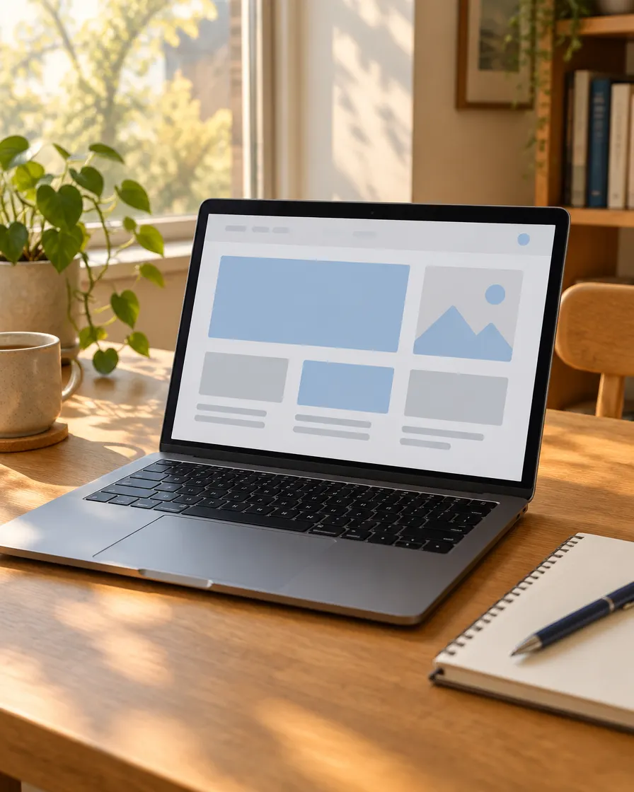 Portable ouvert affichant la maquette simple d’un site web, sur un bureau en bois