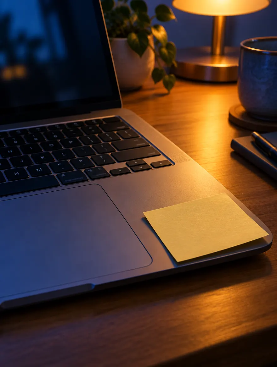 Clavier de portable le soir, sous une lampe de bureau
