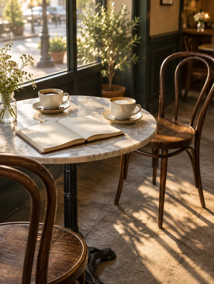 Deux tasses de café et un carnet ouvert sur une table de café
